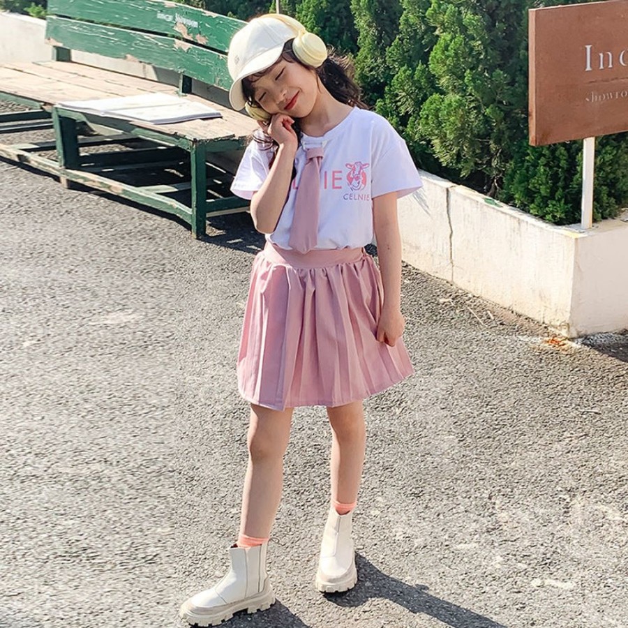 Girls LITTLE POTATO | Girls' Preppy Style T-Shirt And Pleated Skirt Two Pieces Set T-Shirt + Pleated Skirt Two Pieces Set