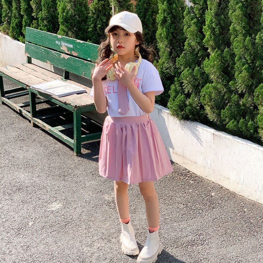 Girls LITTLE POTATO | Girls' Preppy Style T-Shirt And Pleated Skirt Two Pieces Set T-Shirt + Pleated Skirt Two Pieces Set