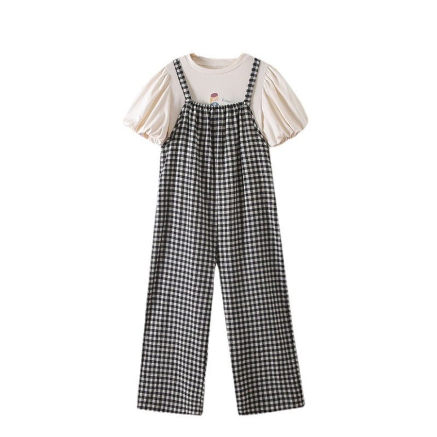 Girls TAKIBABE | Girls' Casual T-Shirt And Plaid Suspender Pants Two Pieces Set T-Shirt + Pants Two Pieces Set