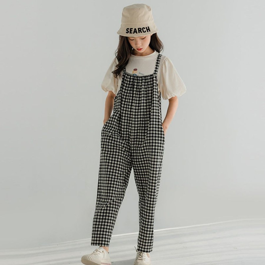 Girls TAKIBABE | Girls' Casual T-Shirt And Plaid Suspender Pants Two Pieces Set T-Shirt + Pants Two Pieces Set