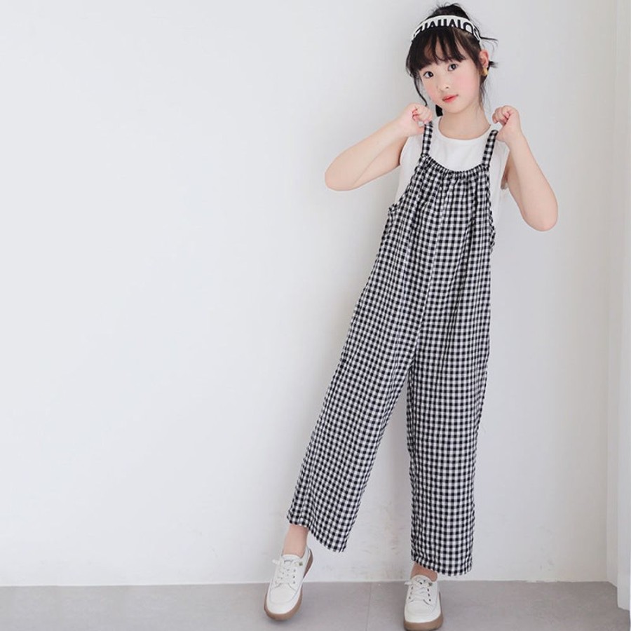 Girls TAKIBABE | Girls' Casual Tank Top And Plaid Suspender Pants Two Pieces Set Top + Pants Two Pieces Set