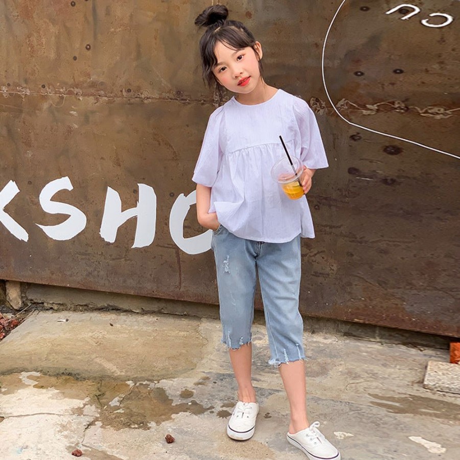 Girls LITTLE POTATO | Korean Style Girls' Two Pieces Set Blouse + Denim Pants Two Pieces Set