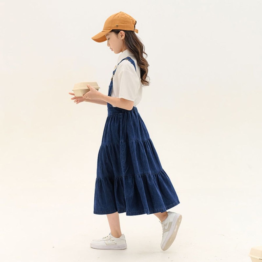 Girls TAKIBABE | Girls' Japanese Style Shirt And Denim Suspender Dress Two Pieces Set Shirt + Dress Two Pieces Set