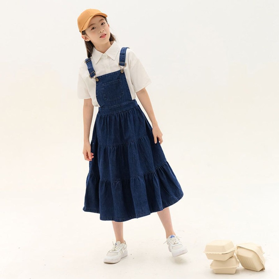 Girls TAKIBABE | Girls' Japanese Style Shirt And Denim Suspender Dress Two Pieces Set Shirt + Dress Two Pieces Set