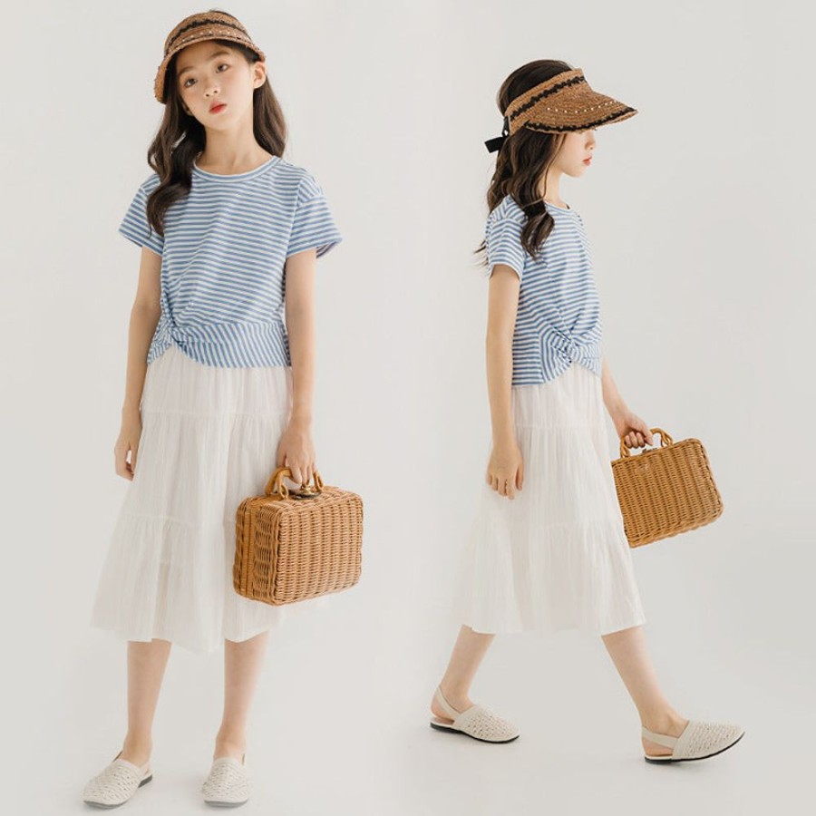 Girls TAKIBABE | Korean Style Girls' Striped And White Outfit