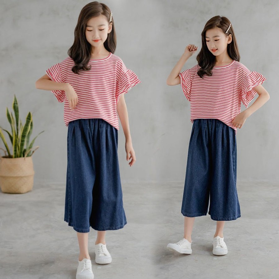 Girls TAKIBABE | Korean Style Girls' Striped And Denim Wide-Leg Outfit