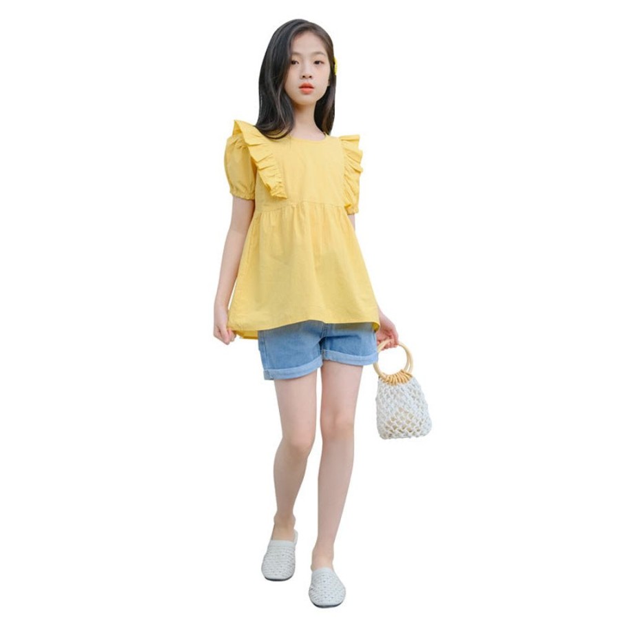 Girls LITTLE POTATO | Girls' Korean Style Ruffled Blouse And Denim Shorts Two Pieces Set Blouse + Denim Shorts Two Pieces Set