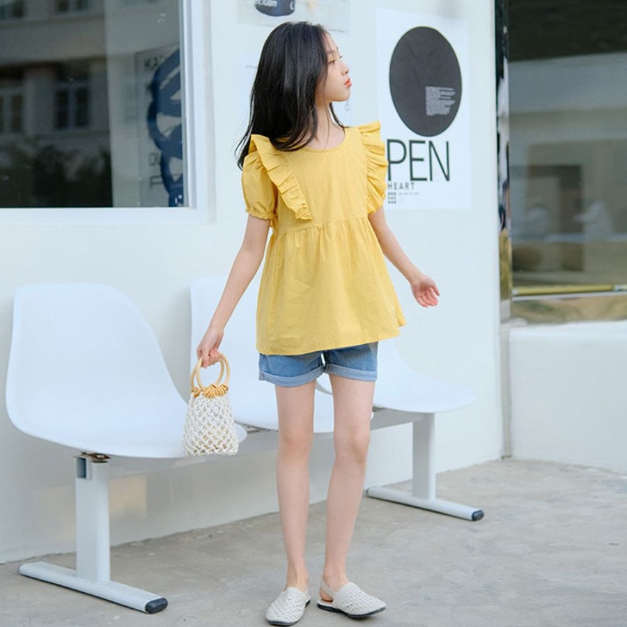 Girls LITTLE POTATO | Girls' Korean Style Ruffled Blouse And Denim Shorts Two Pieces Set Blouse + Denim Shorts Two Pieces Set