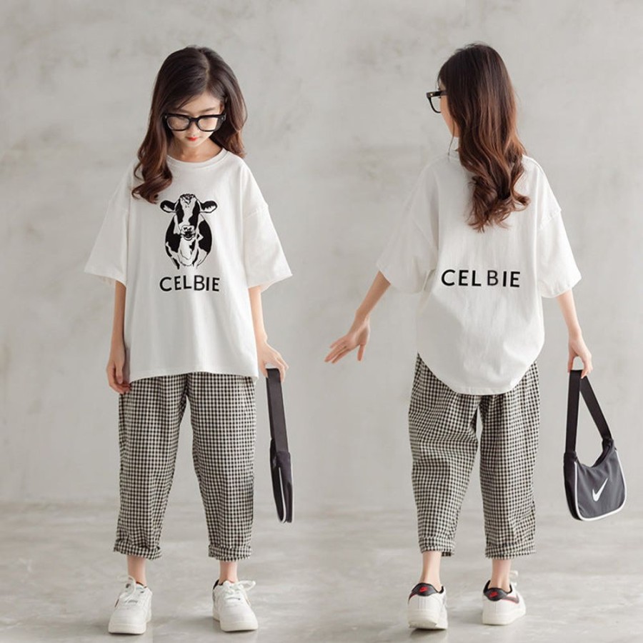 Girls TAKIBABE | Korean Style Girls' Loose Fit And Plaid Capri Outfit