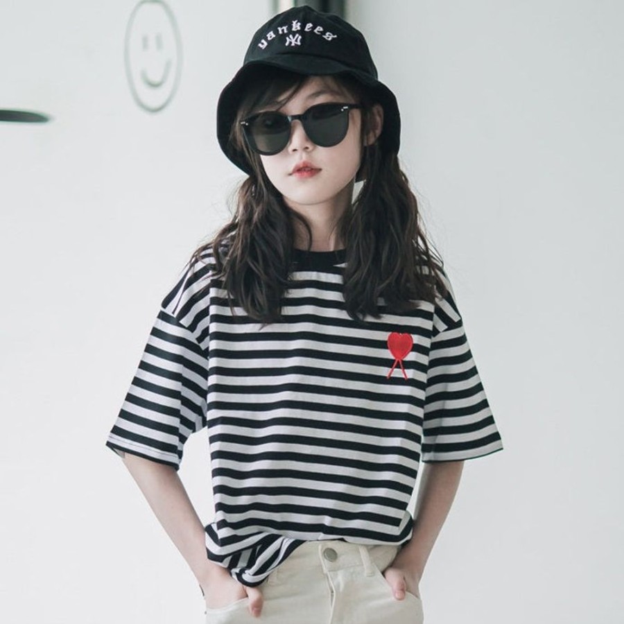 Girls BEST DEAR | Girls' Striped Loose Short Sleeve T-Shirt Stripes