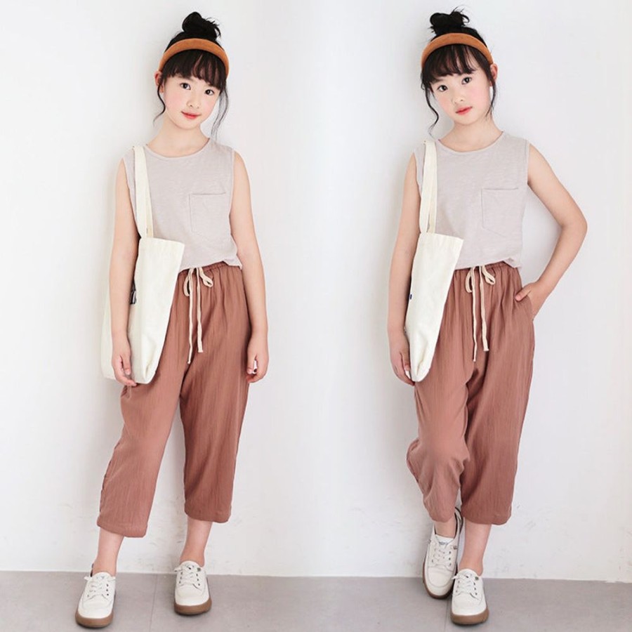 Girls TAKIBABE | Korean Style Girls' Plain Color Vest And Capri Pants Outfit