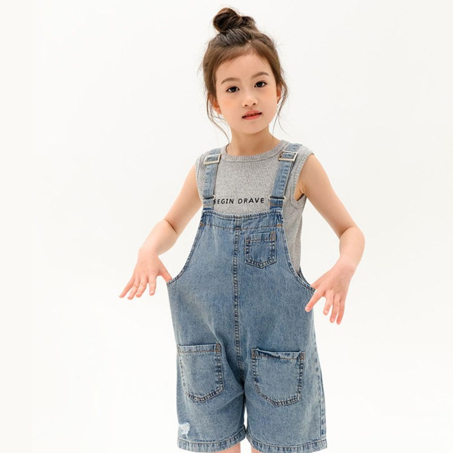 Girls TAKIBABE | Japanese Style Girls' Casual T-Shirt And Denim Suspender Shorts Two Pieces Set T-Shirt + Shorts Two Pieces Set