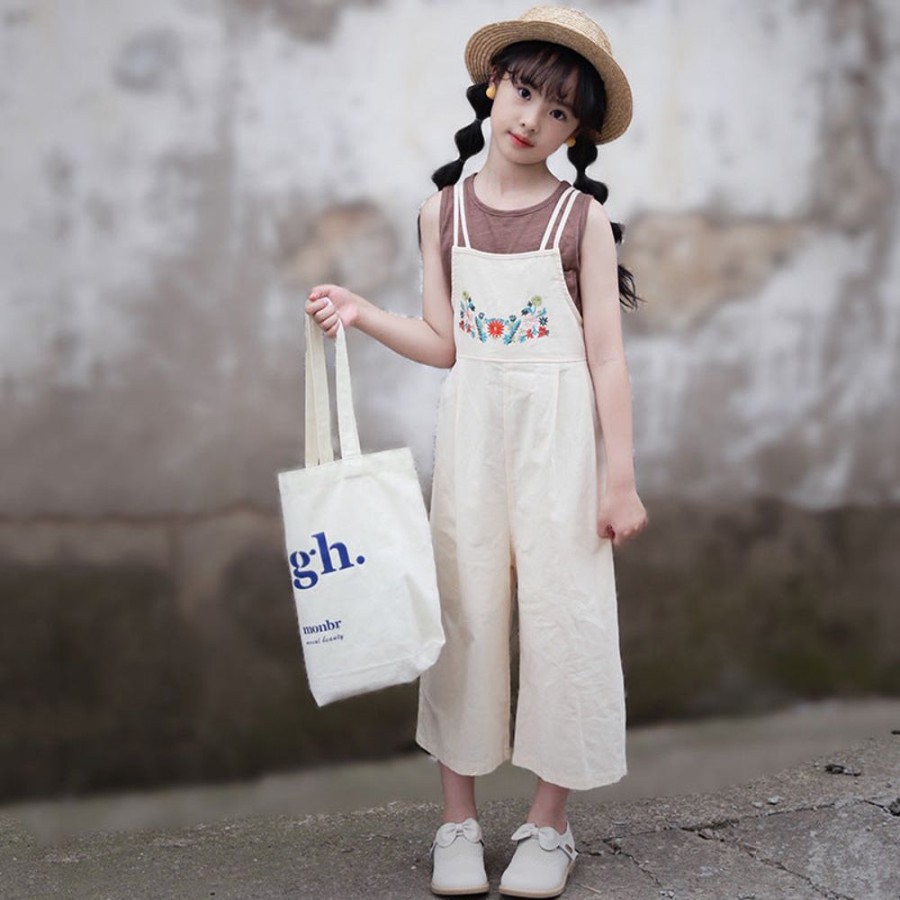 Girls TAKIBABE | Girls' Casual T-Shirt And Embroidery Suspender Pants Two Pieces Set T-Shirt + Pants Two Pieces Set