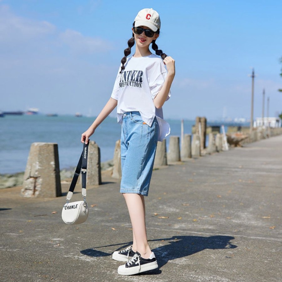 Girls BEST DEAR | Girls' Casual T-Shirt And Denim Shorts Two Pieces Set T-Shirt + Shorts Two Pieces Set