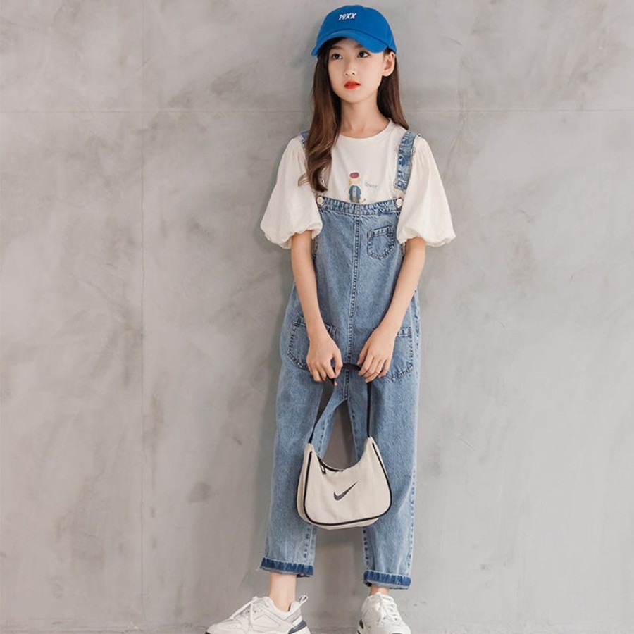 Girls TAKIBABE | Girls' Casual T-Shirt And Denim Suspender Pants Two Pieces Set T-Shirt + Pants Two Pieces Set