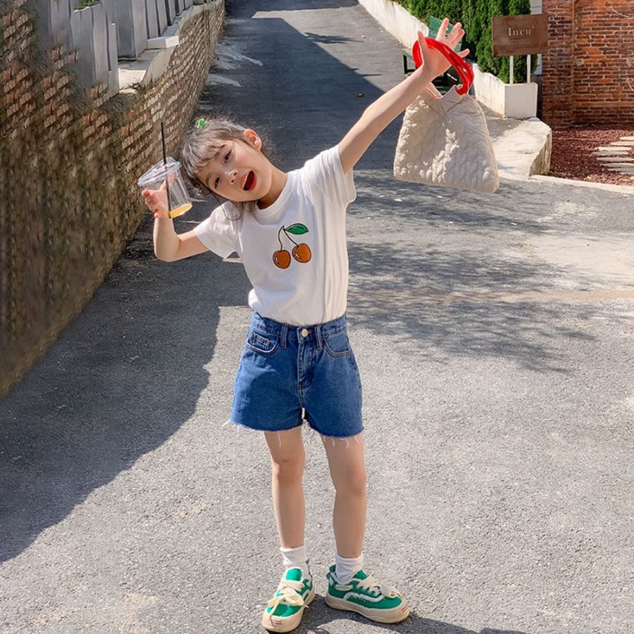 Girls LITTLE POTATO | Girls' Cherry T-Shirt And Denim Shorts Two Pieces Set Top + Denim Shorts Two Pieces Set