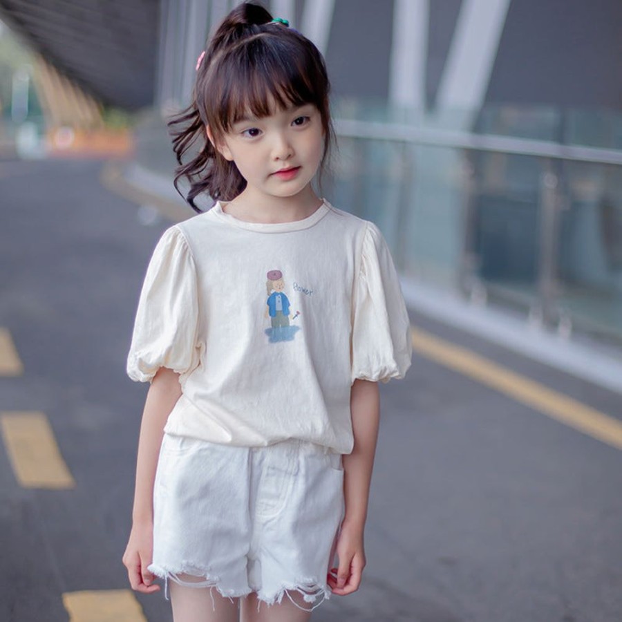 Girls TAKIBABE | Girls' Casual T-Shirt And Denim Shorts Two Pieces Set T-Shirt + Shorts Two Pieces Set