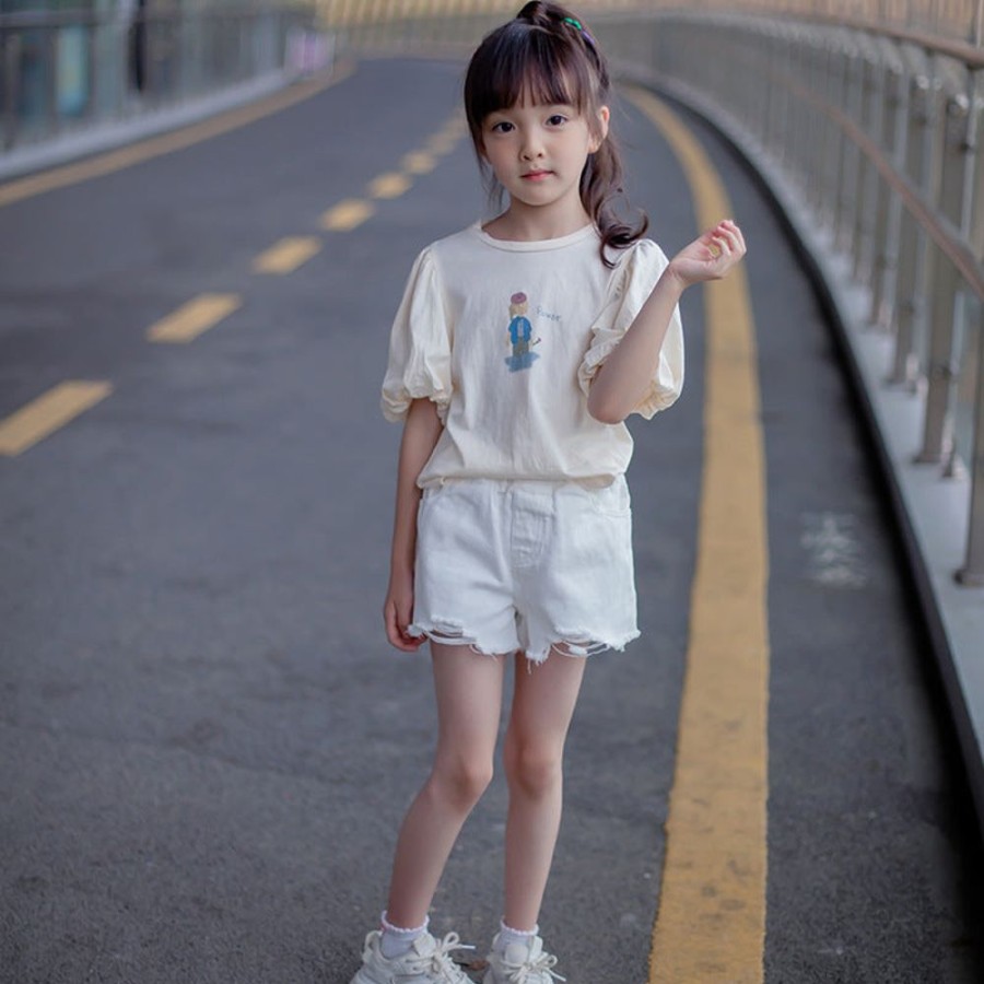 Girls TAKIBABE | Girls' Casual T-Shirt And Denim Shorts Two Pieces Set T-Shirt + Shorts Two Pieces Set