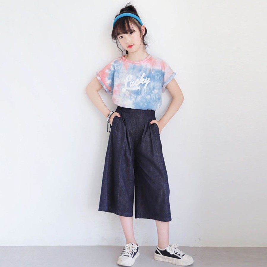 Girls TAKIBABE | Korean Style Girls' Tie-Dye And Denim Wide-Leg Outfit