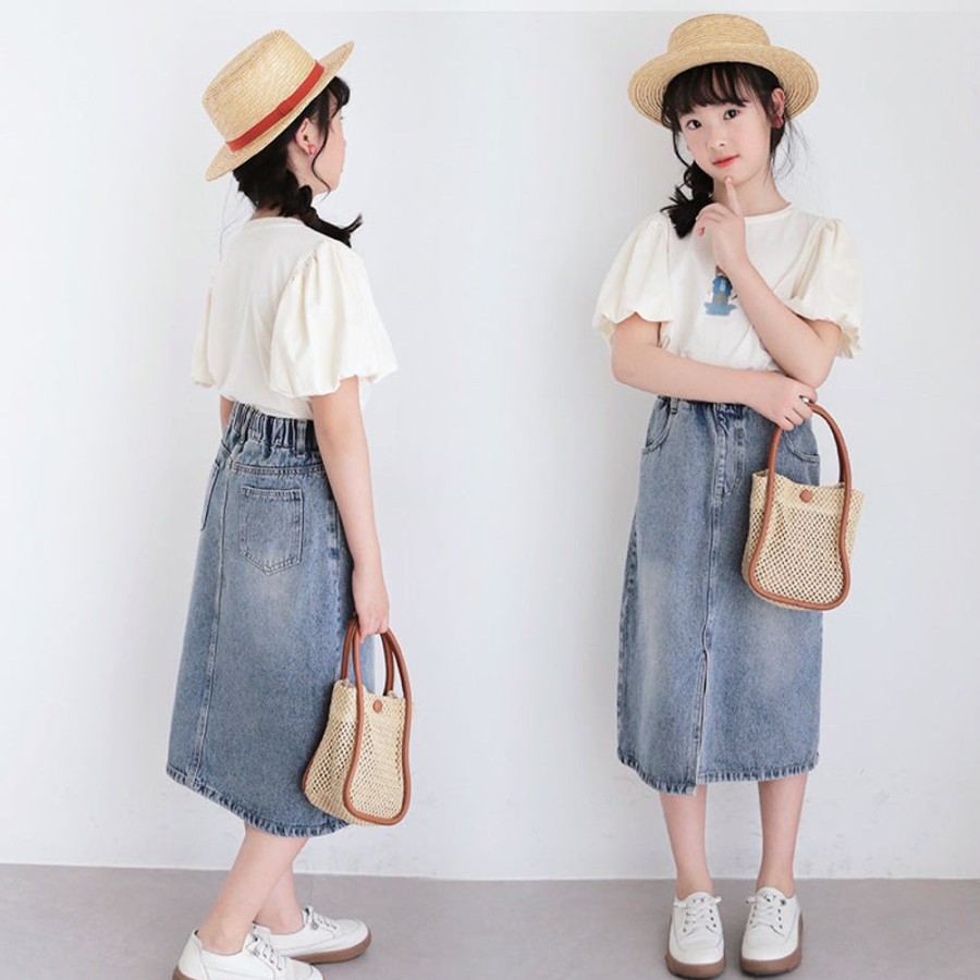 Girls TAKIBABE | Korean Style Girls' Cartoon And Denim Slit Outfit