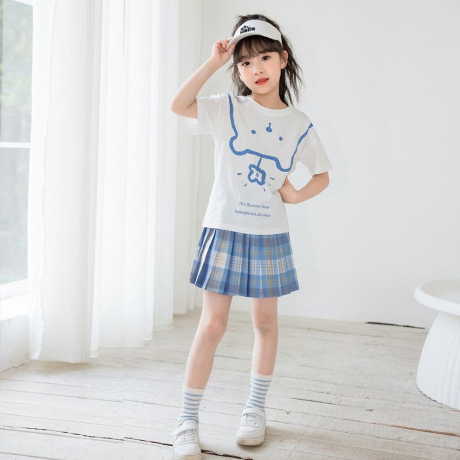 Girls PHELFISH | Girls' Short Sleeve Tee With Pleated Plaid Skirt Two Pieces Set T-Shirt + Skirt Two Pieces Set