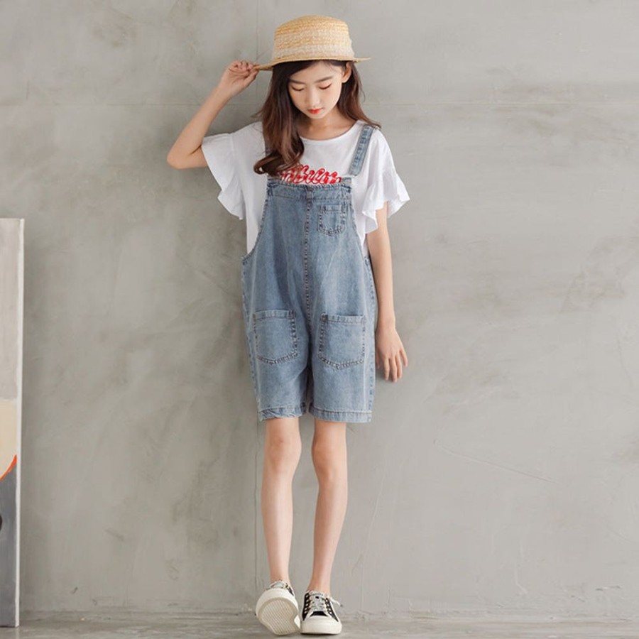 Girls TAKIBABE | Girls' Casual T-Shirt And Denim Suspender Shorts Two Pieces Set T-Shirt + Shorts Two Pieces Set