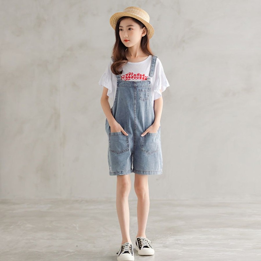 Girls TAKIBABE | Girls' Casual T-Shirt And Denim Suspender Shorts Two Pieces Set T-Shirt + Shorts Two Pieces Set