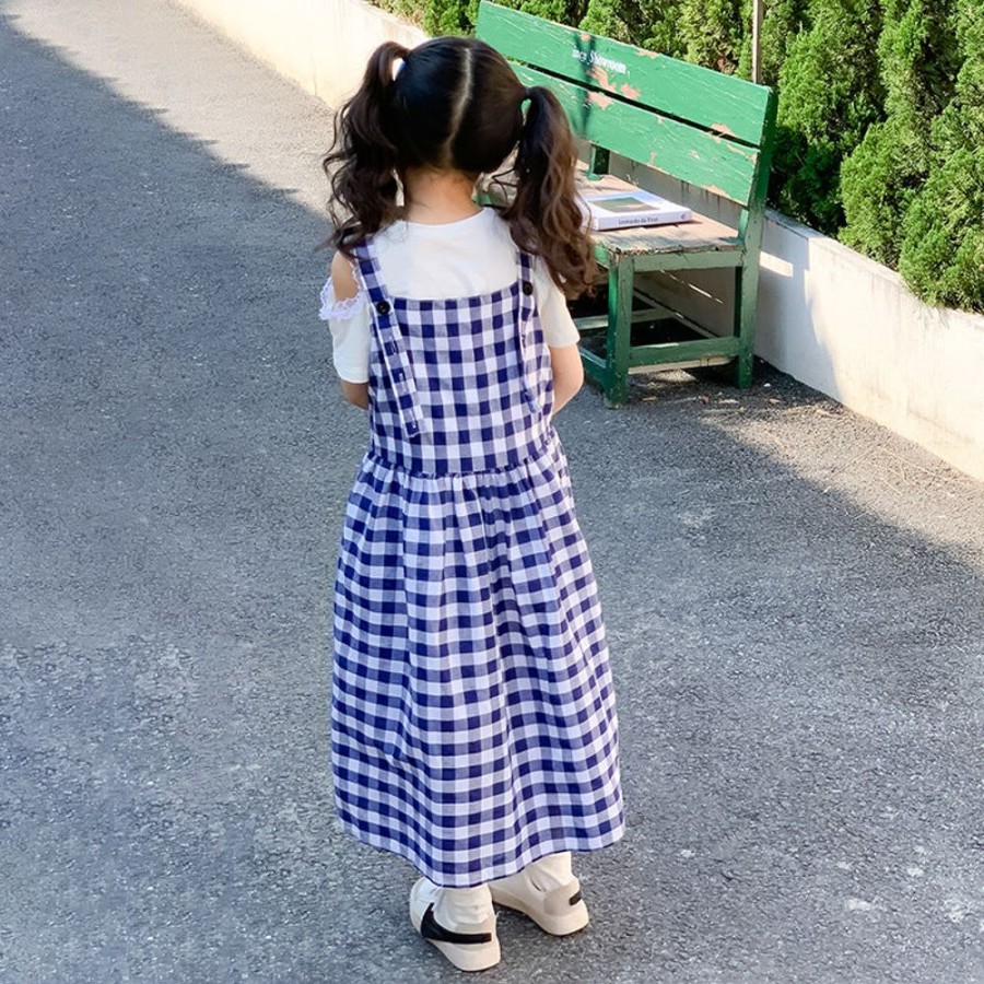 Girls LITTLE POTATO | Girls' Preppy Style Cold-Shoulder Top And Plaid Suspender Dress Two Pieces Set Top + Dress Two Pieces Set