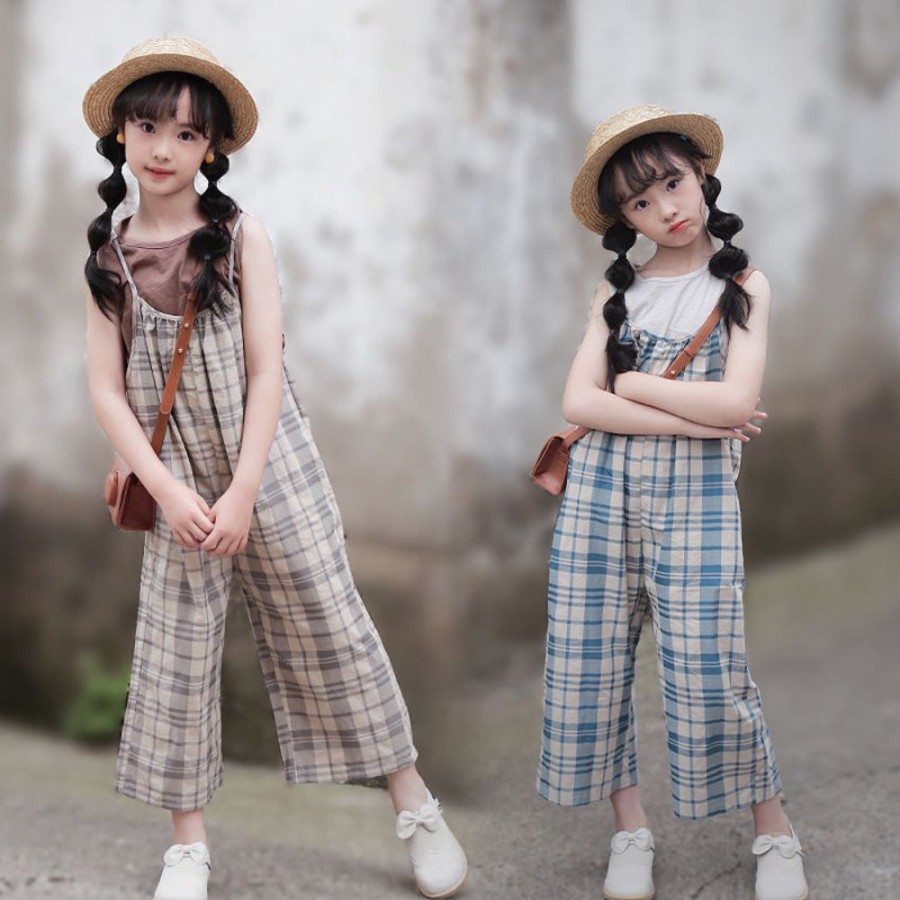 Girls TAKIBABE | Korean Style Girls' Plain Color Tank Top And Plain Suspender Pants Outfit