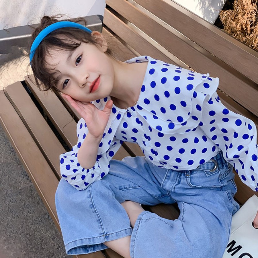 Girls LITTLE POTATO | Girls' Polka Dot Blouse And Denim Pants Two Pieces Set Blouse + Denim Pants Two Pieces Set