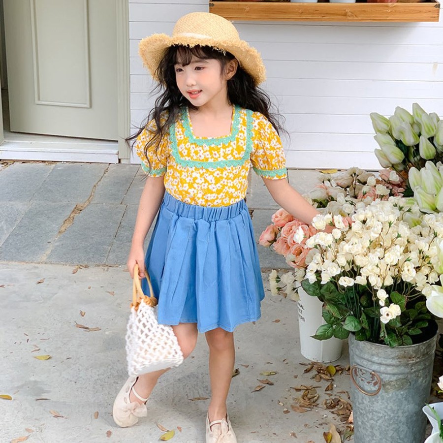 Girls LITTLE POTATO | Girls' Korean Style Floral Blouse And Denim Skirt Two Pieces Set Floral Top + Denim Skirt