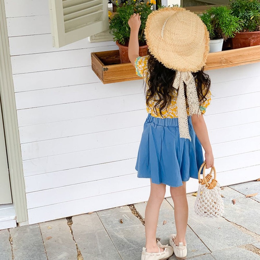 Girls LITTLE POTATO | Girls' Korean Style Floral Blouse And Denim Skirt Two Pieces Set Floral Top + Denim Skirt