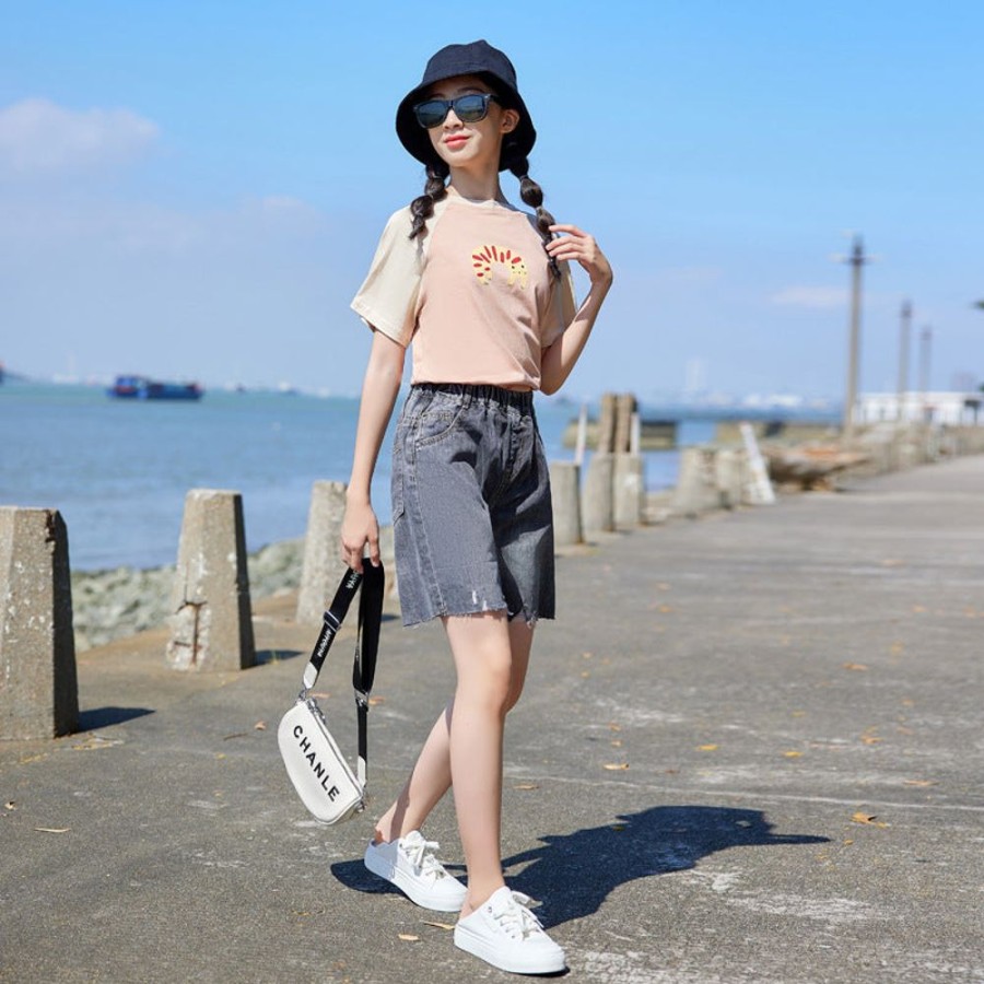 Girls BEST DEAR | Girls' Casual T-Shirt And Denim Shorts Two Pieces Set T-Shirt + Shorts Two Pieces Set