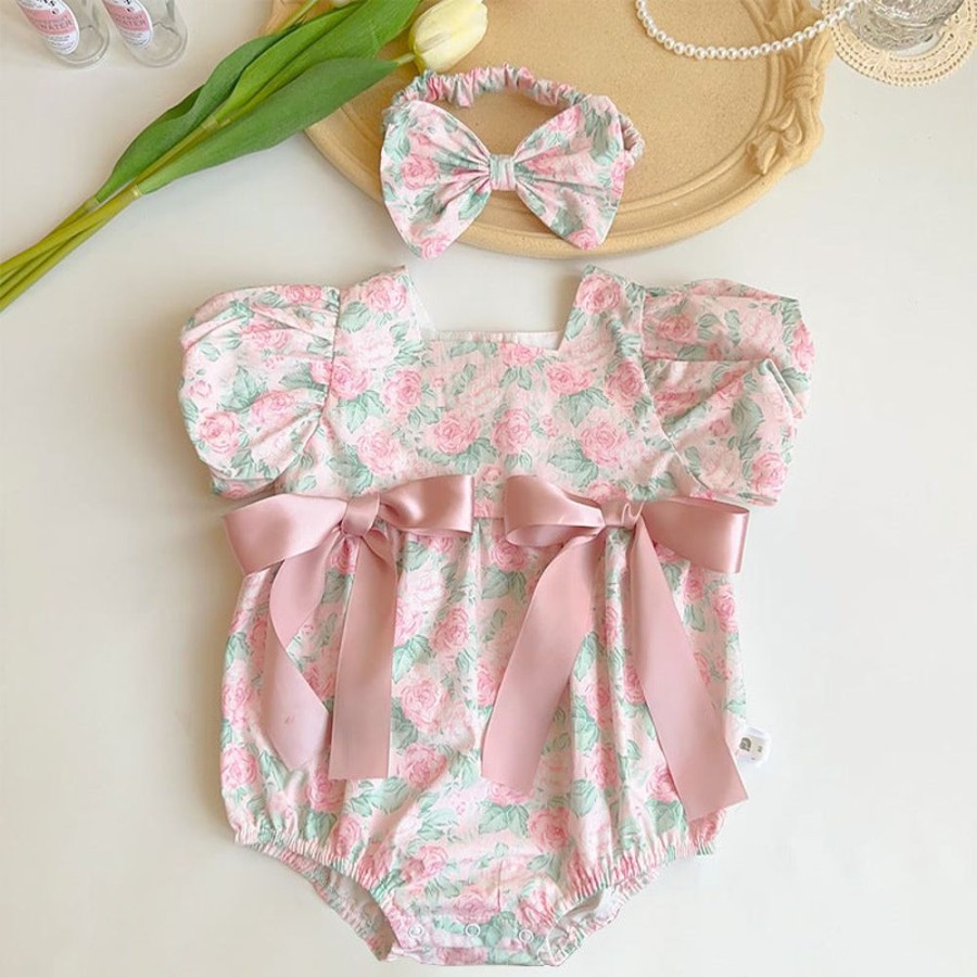 Babies/Toddlers DIANXI | Baby Girl Floral Onesie With Hairband Pink (With A Free Hairband)