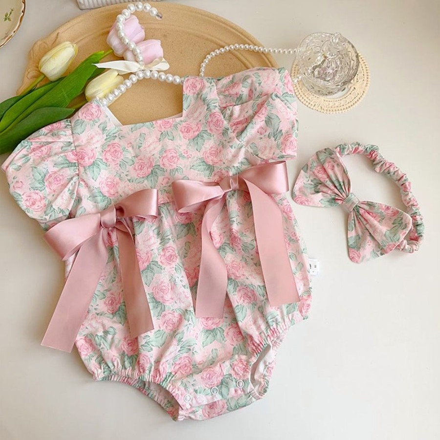 Babies/Toddlers DIANXI | Baby Girl Floral Onesie With Hairband Pink (With A Free Hairband)