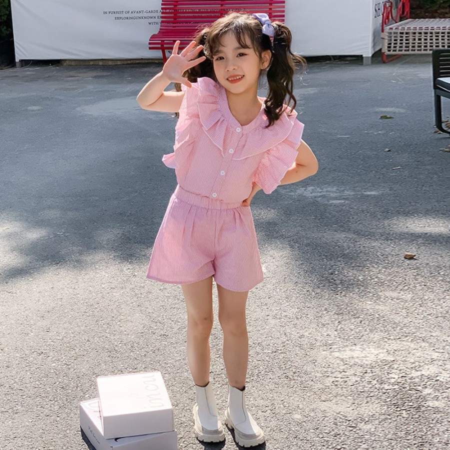 Girls LITTLE POTATO | Girls' Chic Striped Blouse And Shorts Two Pieces Set Blouse + Shorts Two Pieces Set