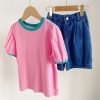 Girls TAKIBABE | Girls' Casual T-Shirt And Denim Shorts Two Pieces Set T-Shirt + Shorts Two Pieces Set