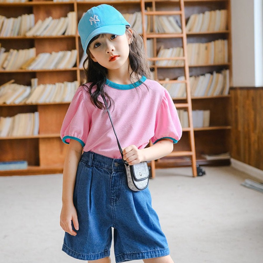 Girls TAKIBABE | Girls' Casual T-Shirt And Denim Shorts Two Pieces Set T-Shirt + Shorts Two Pieces Set