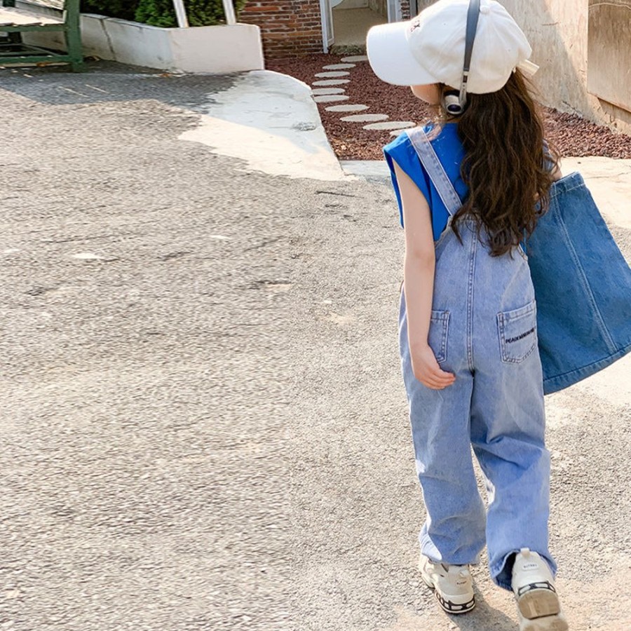 Girls LITTLE POTATO | Girls' Casual Tank Top And Denim Suspender Pants Two Pieces Set Top + Suspender Pants Two Pieces Set