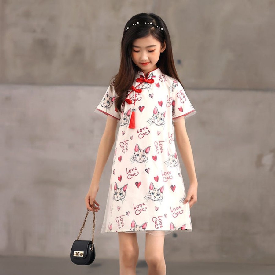 Girls PHELFISH | Cheongsam Style Kitten Printed Dress