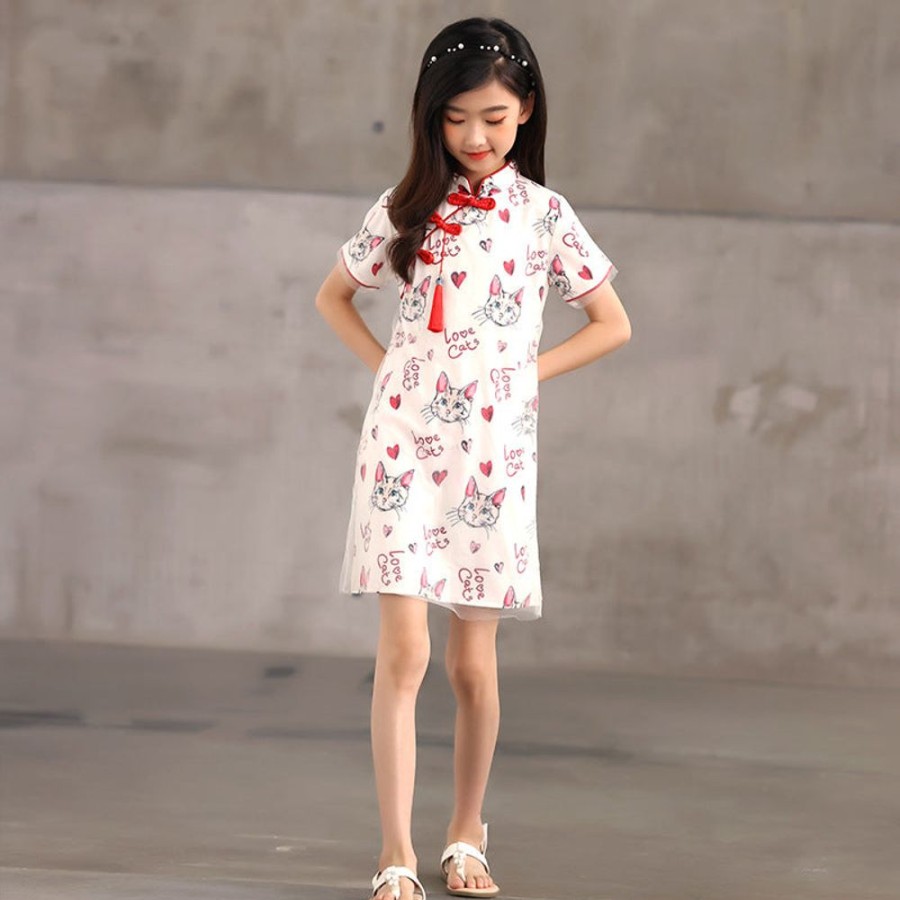 Girls PHELFISH | Cheongsam Style Kitten Printed Dress