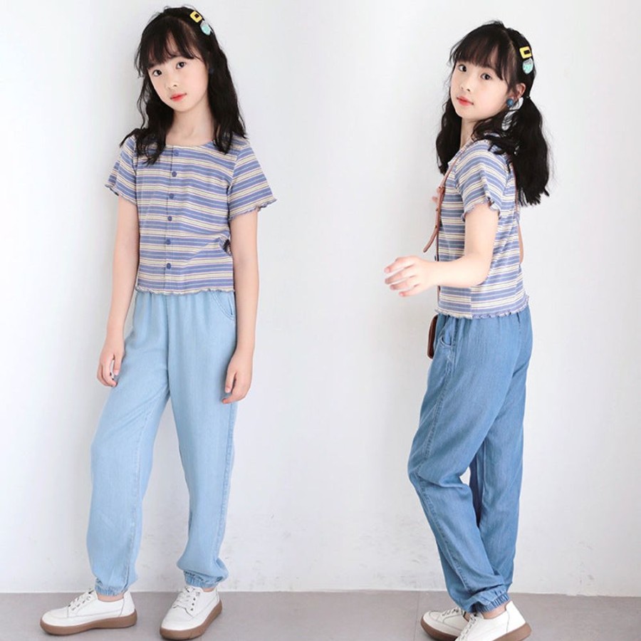 Girls TAKIBABE | Korean Style Girls' Striped And Denim Pants Outfit