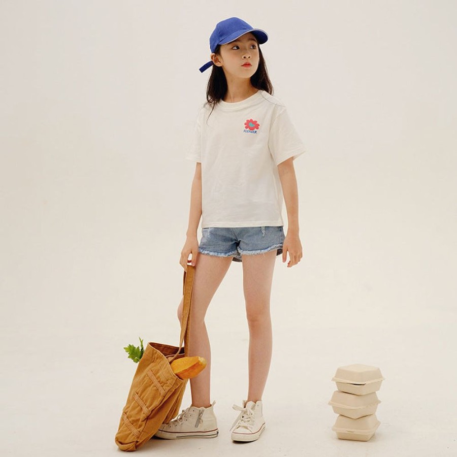 Girls LITTLE POTATO | Girls' Floral Print T-Shirt And Denim Shorts Two Pieces Set T-Shirt + Denim Shorts Two Pieces Set