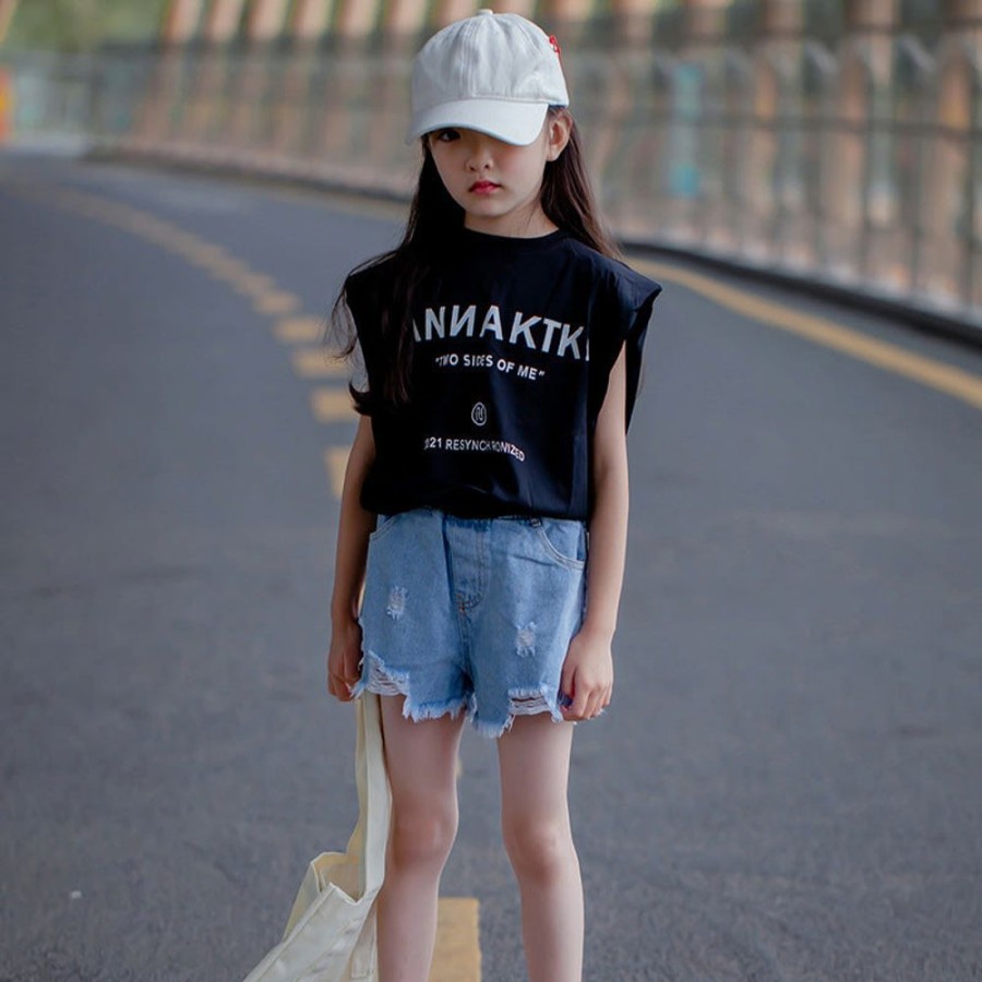 Girls TAKIBABE | Korean Style Girls' Letter Prints T-Shirt And Ripped Denim Shorts Two Pieces Set