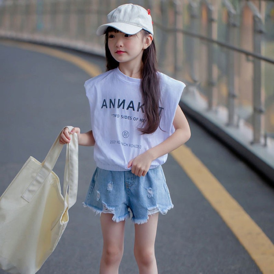 Girls TAKIBABE | Korean Style Girls' Letter Prints T-Shirt And Ripped Denim Shorts Two Pieces Set