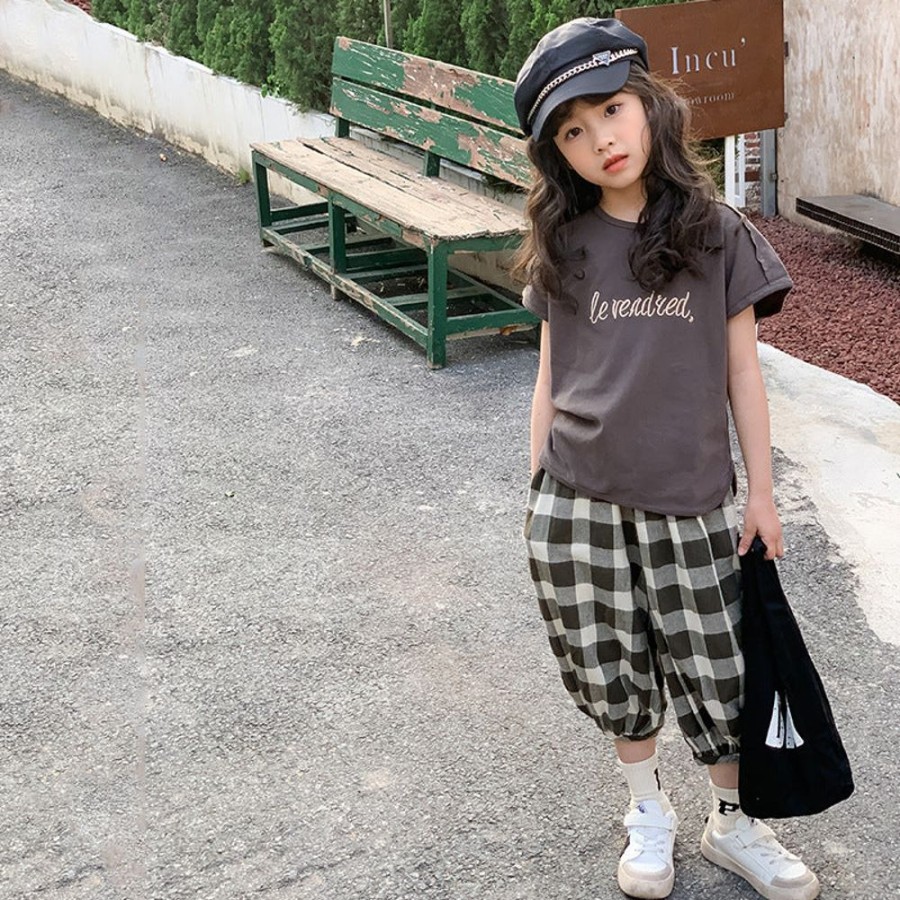 Girls TAKIBABE | Girls' Casual T-Shirt And Plaid Capri Pants Two Pieces Set T-Shirt + Pants Two Pieces Set