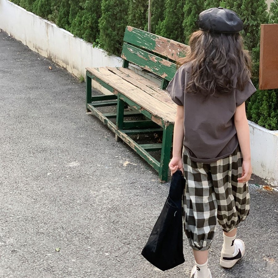 Girls TAKIBABE | Girls' Casual T-Shirt And Plaid Capri Pants Two Pieces Set T-Shirt + Pants Two Pieces Set