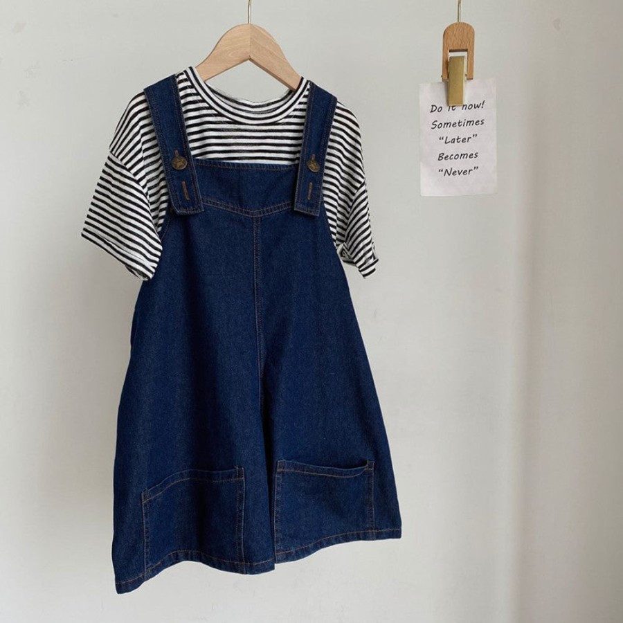 Girls TAKIBABE | Korean Style Girls' Striped And Denim Suspender Outfit