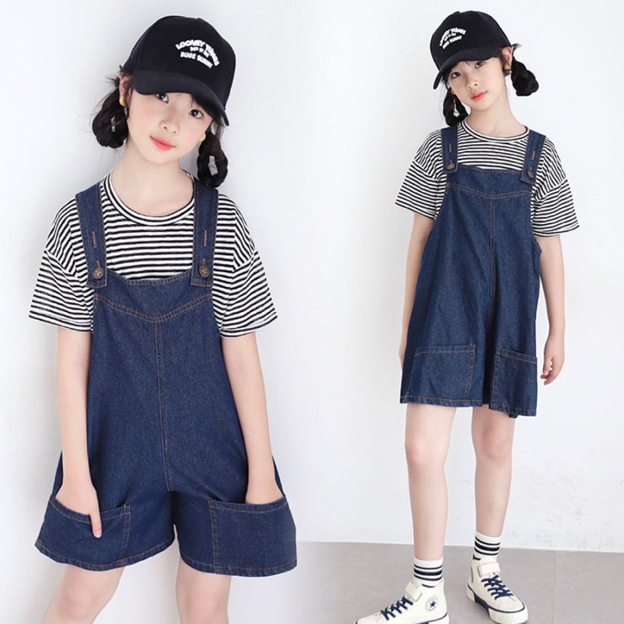 Girls TAKIBABE | Korean Style Girls' Striped And Denim Suspender Outfit