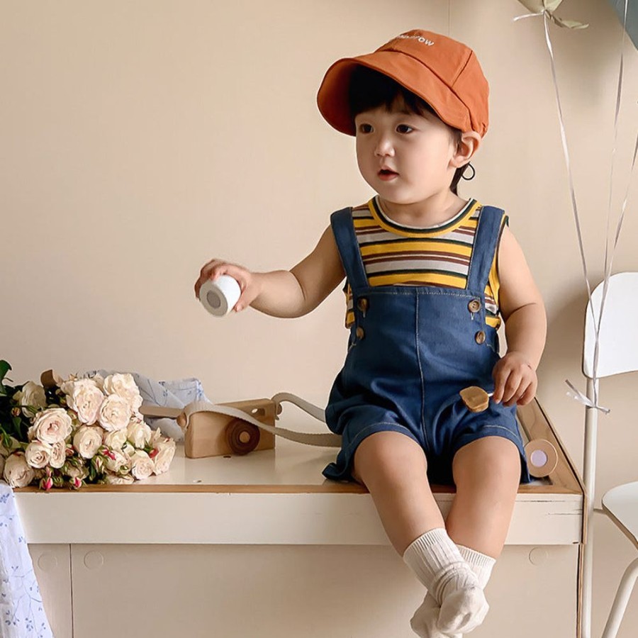 Babies/Toddlers DIANXI | Baby Boy Striped Tank Top And Suspender Pants Two-Piece Set Blue & Yellow Coffee Stripes Set